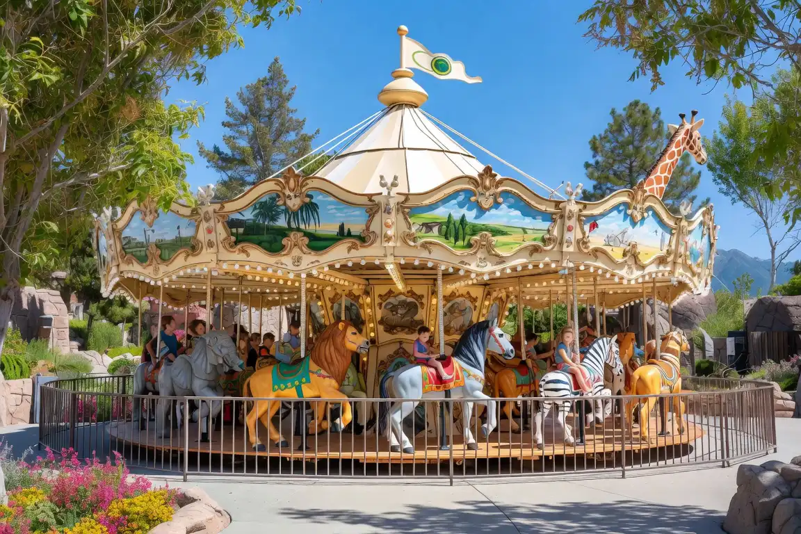 Colorful animal-themed Conservation Carousel at Hogle Zoo in Salt Lake City, Utah.
