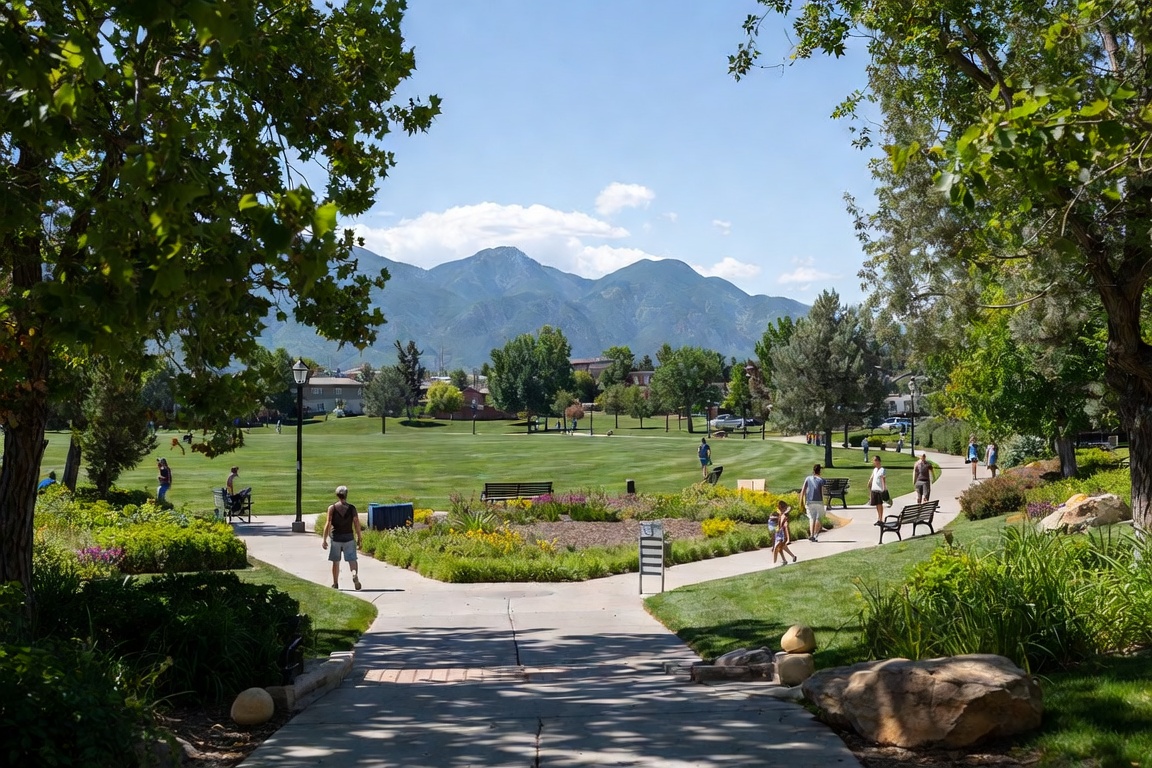 Landscaped walking paths and open green space at Popperton Park in Salt Lake City, Utah, with mountains in the background.