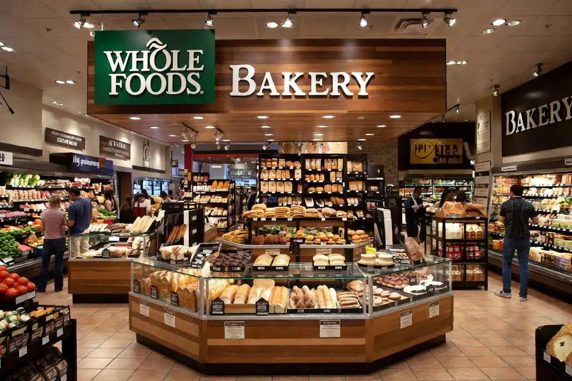 Bakery section at Whole Foods in Salt Lake City, Utah, with breads, pastries, and baked goods on display.