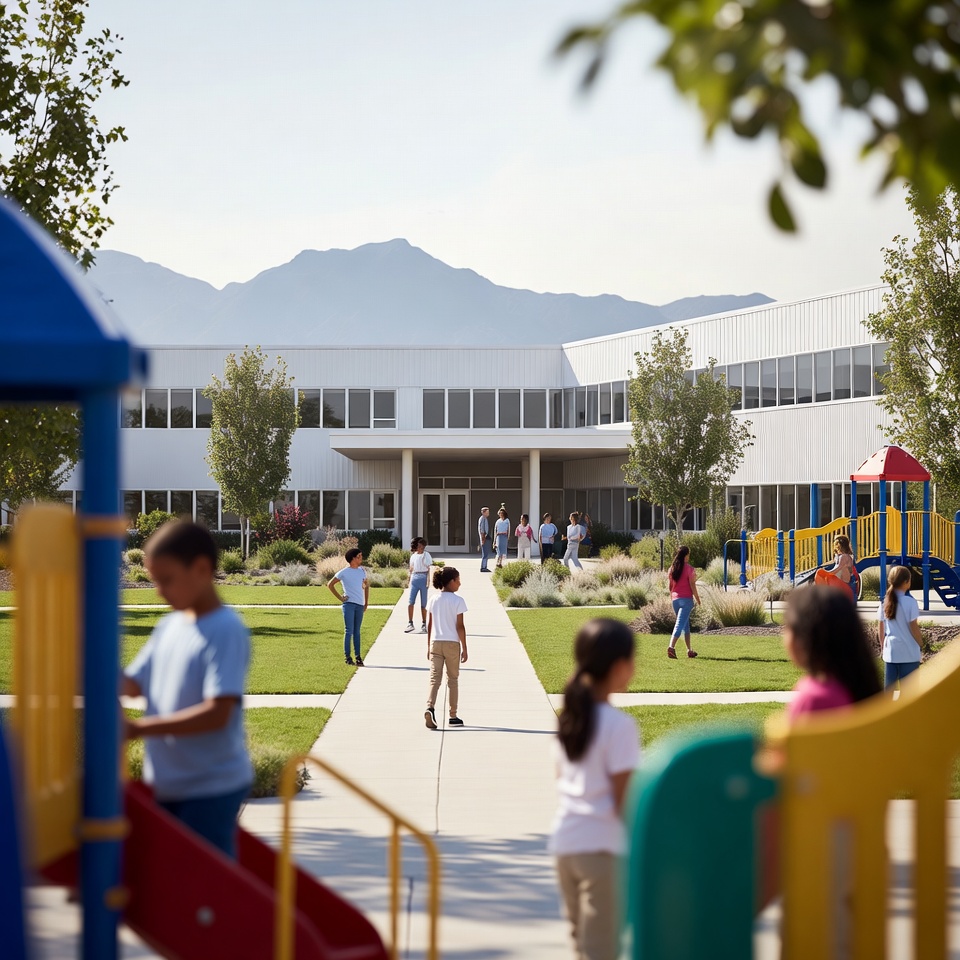 Children walking along a sidewalk toward a modern elementary school building with playground equipment and mountains in the background.