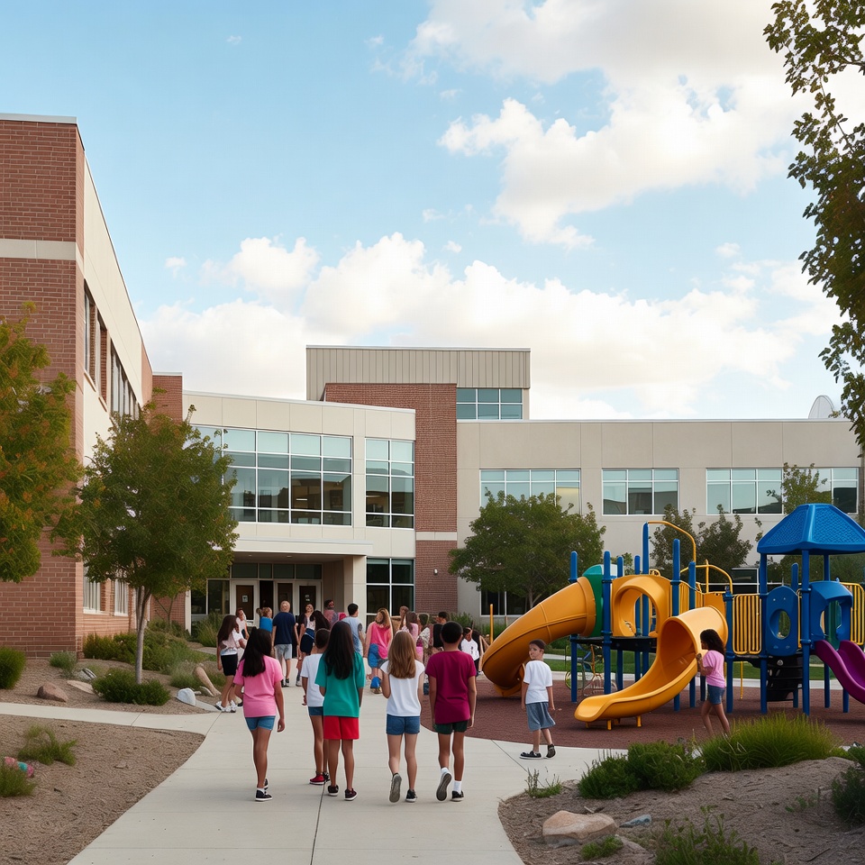 Students walk along a path beside a playground in a modern elementary school courtyard on a sunny day.