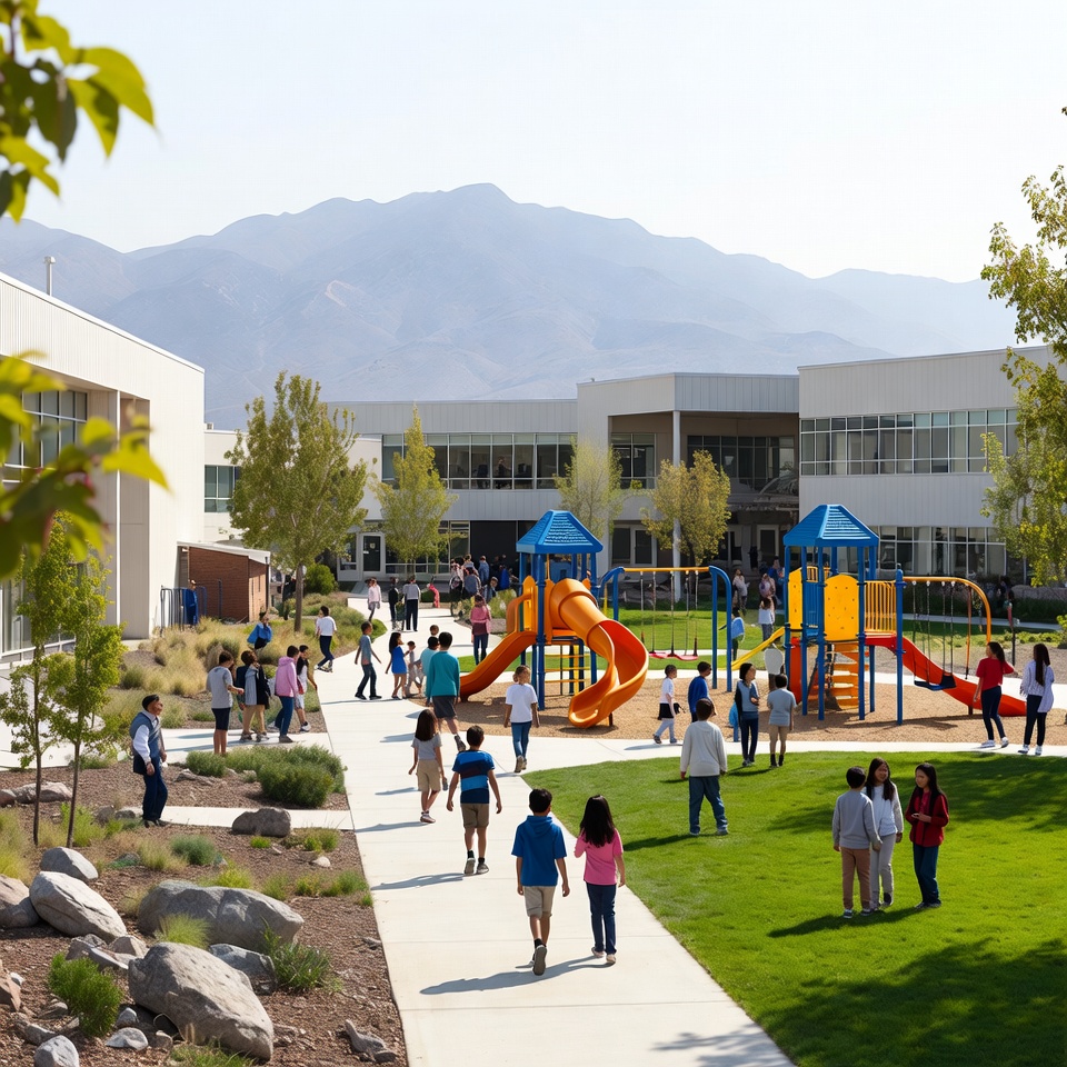 Students walk through the courtyard at Escalante Elementary School with a colorful playground and mountain views in the background.