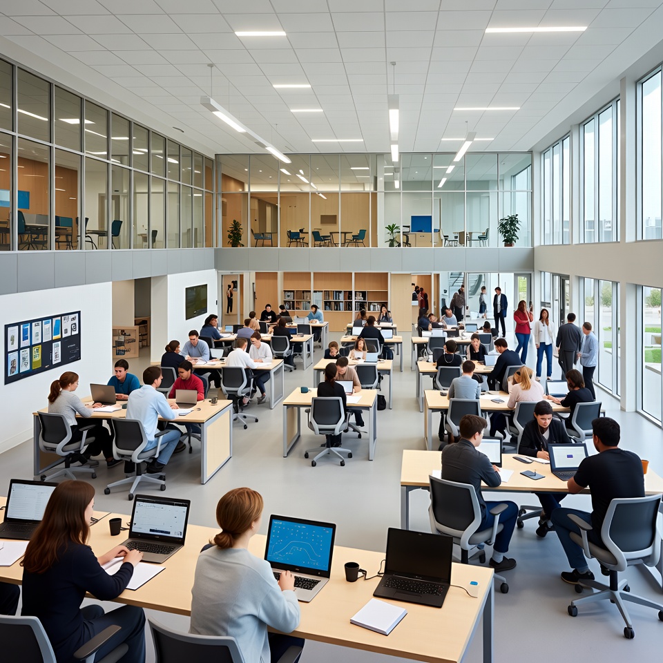 Students and staff working in a bright, modern learning commons with large windows, collaborative tables, and an open mezzanine.