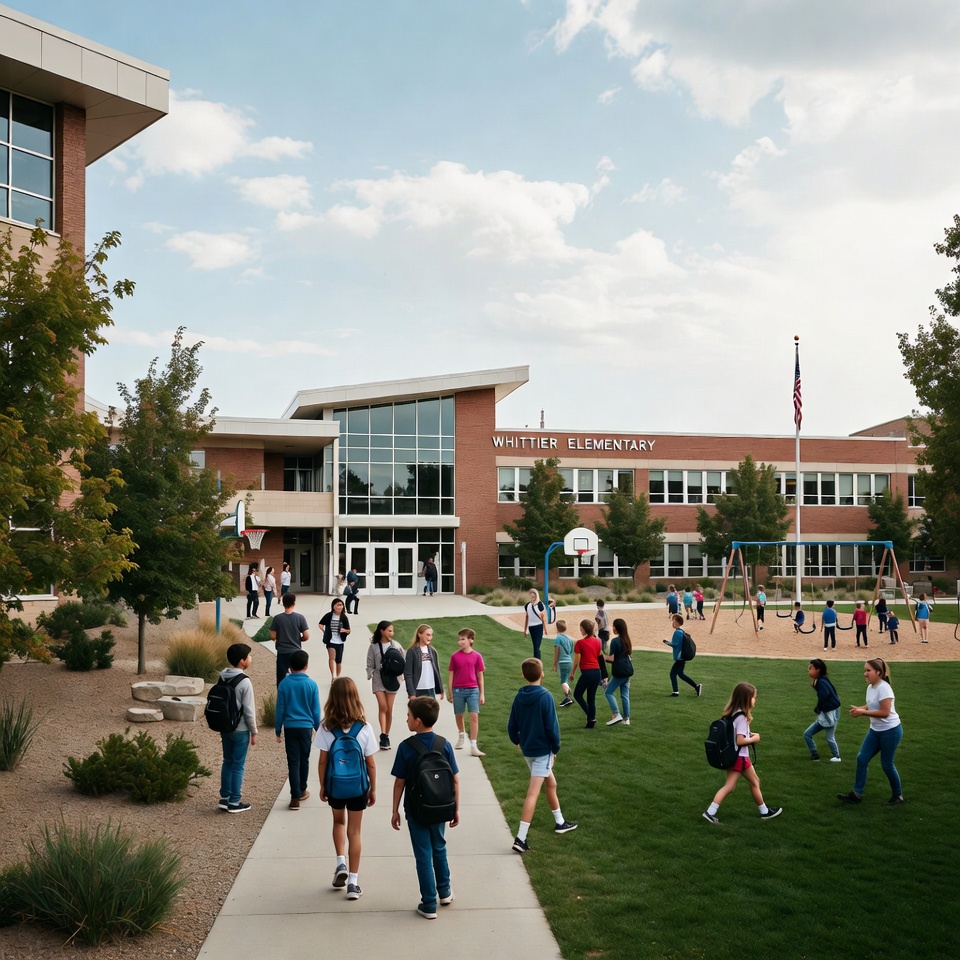 Students walk along a paved path in the courtyard at Whittier Elementary, with the school building, playground equipment, and a U.S. flag in view.