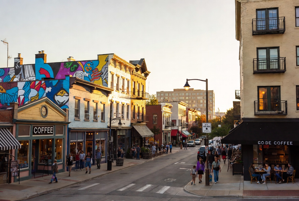 Downtown street with coffee shops and outdoor seating, a colorful mural on a building, and pedestrians walking in warm evening light.