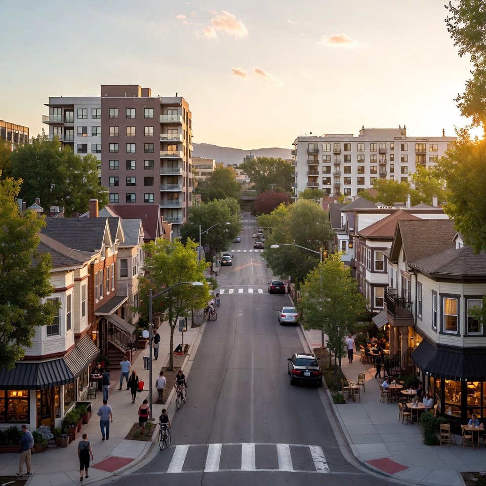 Walkable downtown street with pedestrians, cyclists, and outdoor dining, framed by low-rise storefronts and mid-rise apartment buildings at sunset.
