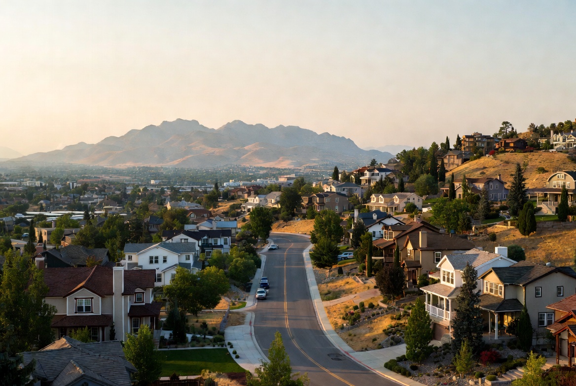 Aerial view of a hillside neighborhood with a curving road and homes, overlooking a valley with mountains in the distance in warm evening light.