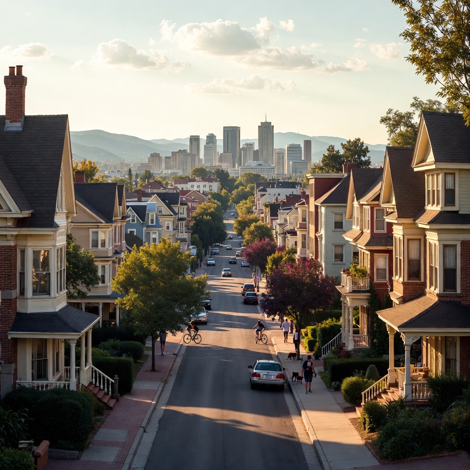 Tree-lined residential street with Victorian-style homes, cyclists and pedestrians, and a downtown skyline in the distance under warm evening light.