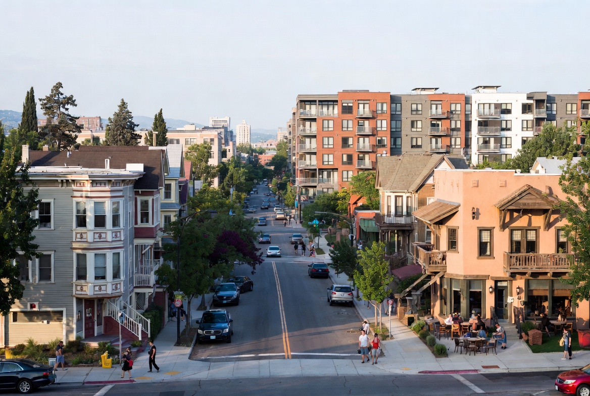 Neighborhood street with older homes and storefronts, pedestrians and outdoor dining, and modern mid-rise apartment buildings in the background.