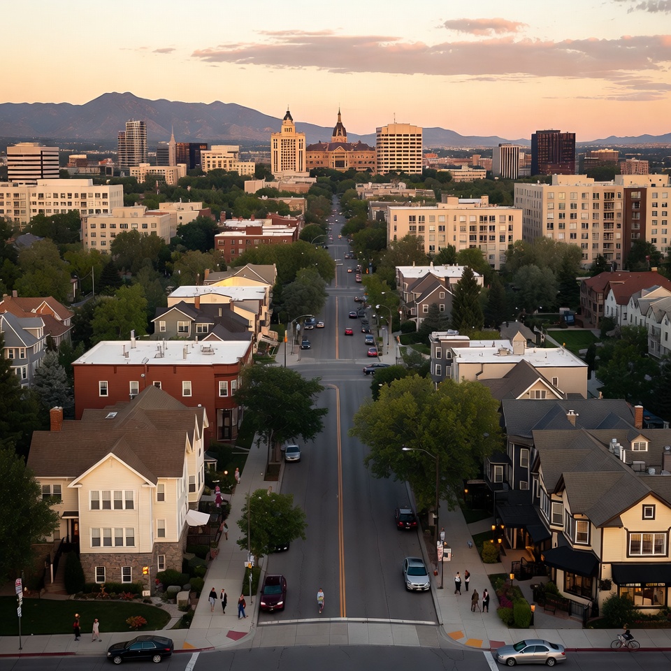 Aerial view down a neighborhood street toward a downtown skyline with mountains in the background at sunset.