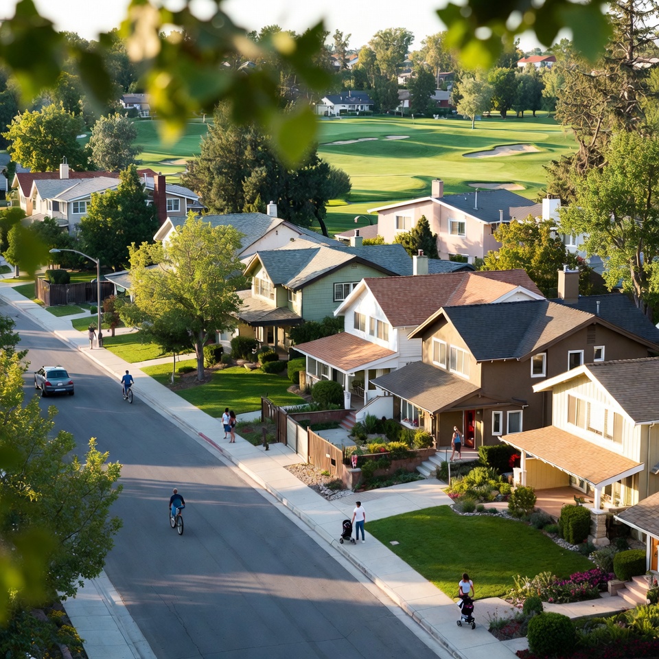 Residential street with people walking and biking beside single-family homes, with a green golf course in the background.