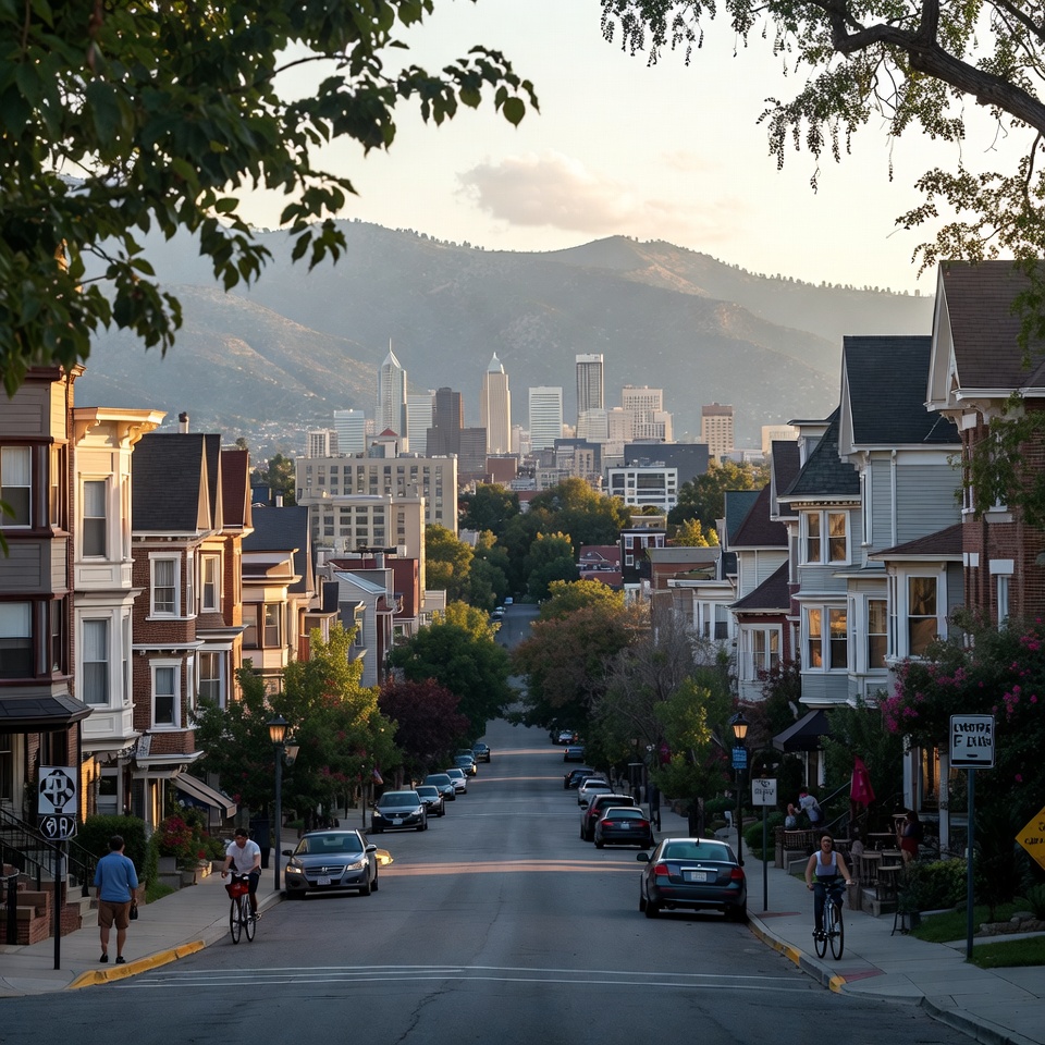 Tree-lined neighborhood street with historic homes, cyclists, and parked cars, leading toward a downtown skyline with mountains in the background.