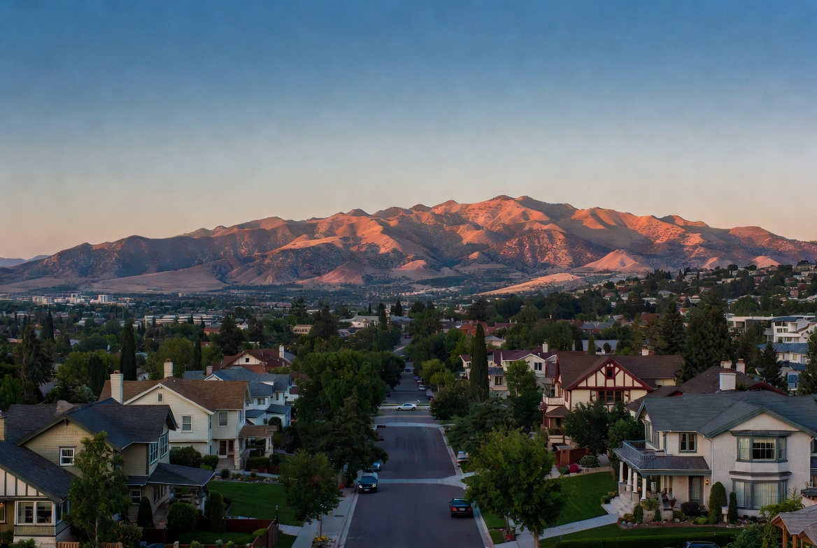 Residential street lined with homes and trees, leading toward a mountain range glowing orange at sunset under a blue sky.