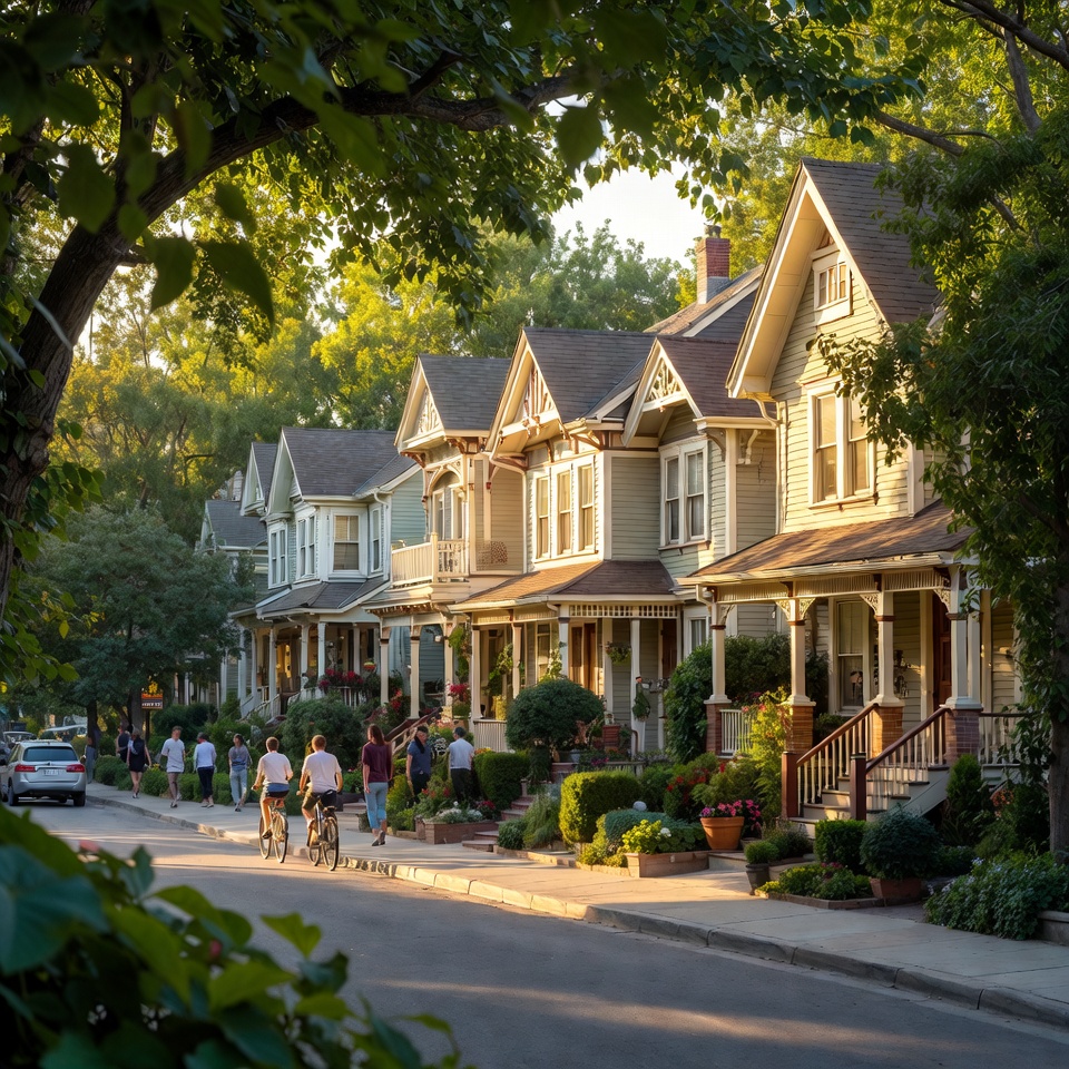 People walk and bike along a tree-lined residential street with porch-front homes and landscaped gardens in warm evening light.