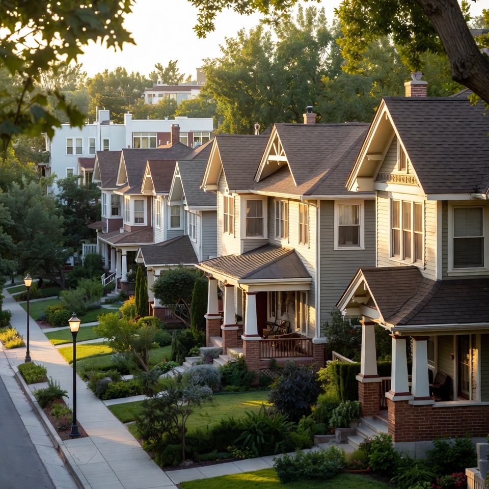 Row of homes with front porches and landscaped gardens along a sidewalk, lit by warm evening sunlight with trees overhead.