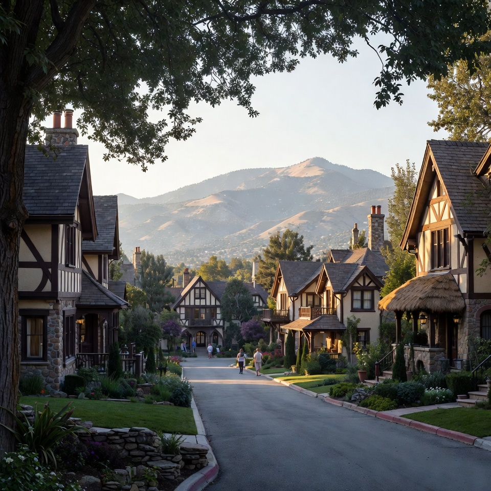 Quiet residential street lined with Tudor-style homes and landscaped gardens, with people walking and mountains in the background.