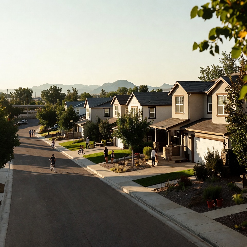Suburban neighborhood street with people walking and biking near modern homes, with mountains visible in the distance.