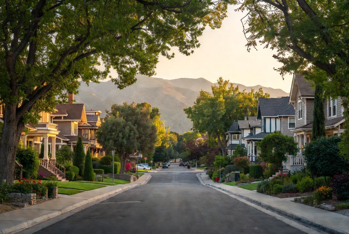 Tree-canopied residential street lined with homes and gardens, leading toward mountains in warm evening light.