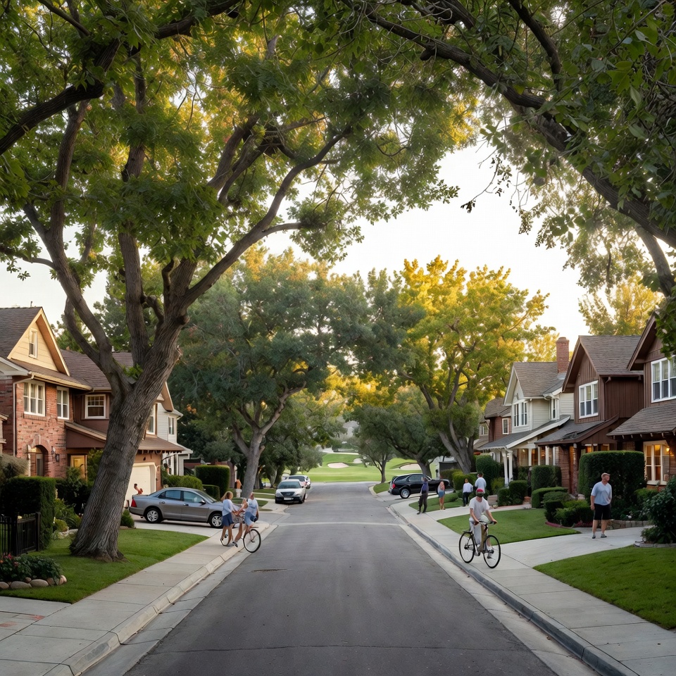 Tree-canopied residential street with people walking and biking, leading toward a golf course visible in the distance.