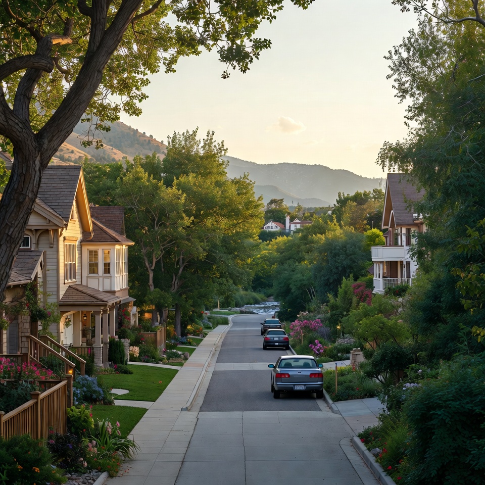 Tree-lined residential street with parked cars and landscaped gardens, leading toward distant mountains in warm evening light.