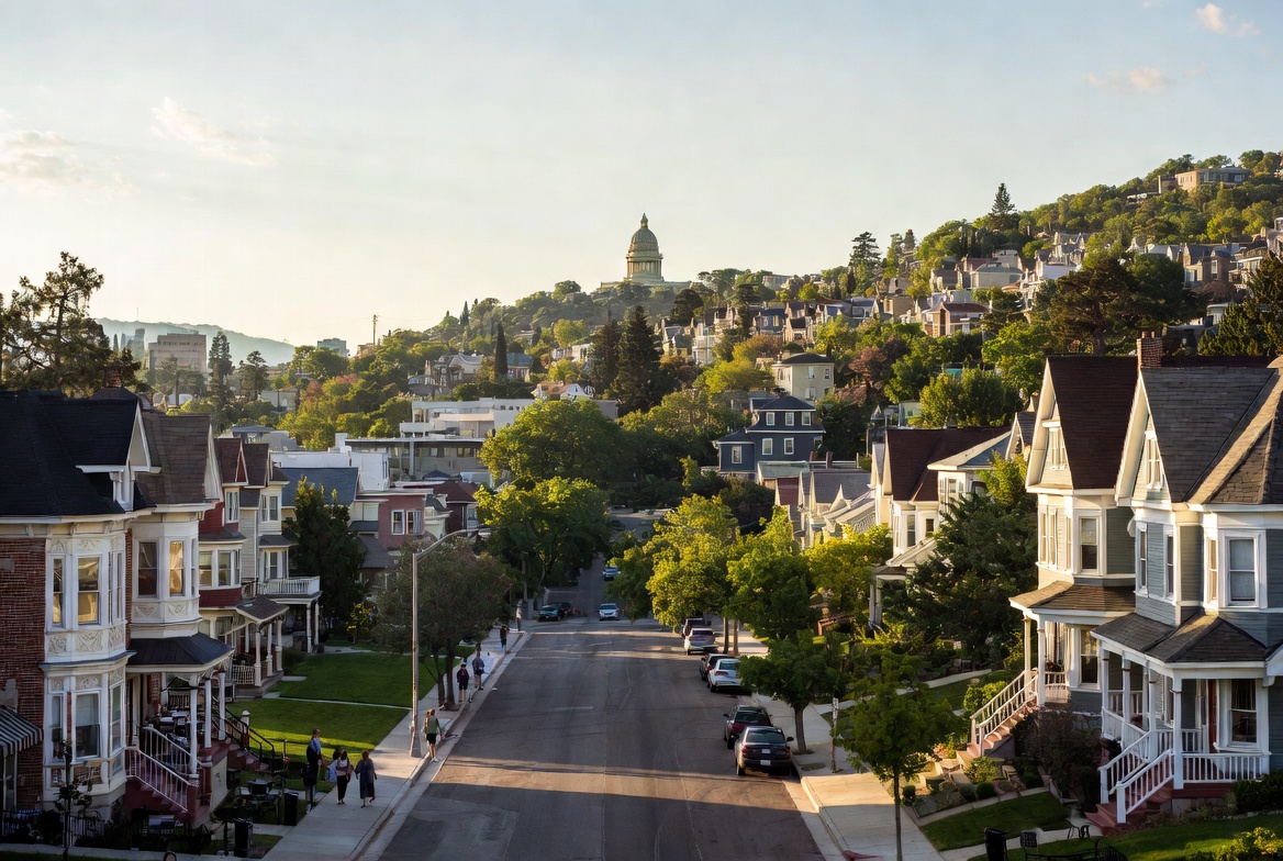Tree-lined residential street with Victorian-style homes, leading toward a hillside neighborhood and a domed building in the distance in warm evening light.
