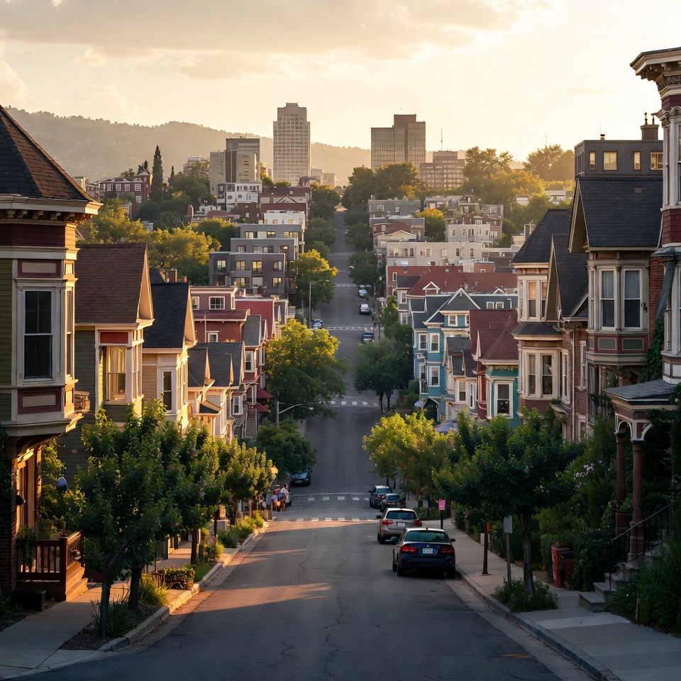 Historic homes line a tree-filled neighborhood street, leading toward a downtown skyline glowing in warm evening light.