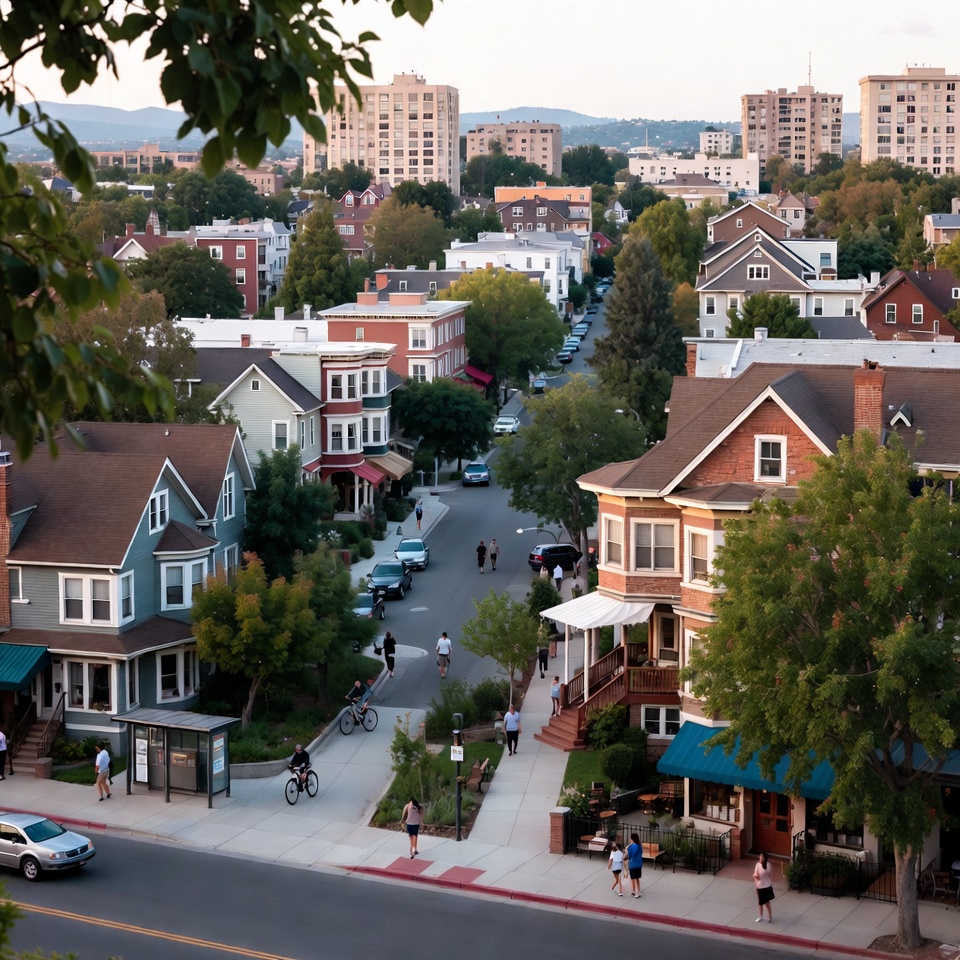Neighborhood street with pedestrians and cyclists, lined with older homes and trees, with mid-rise apartment buildings in the background.