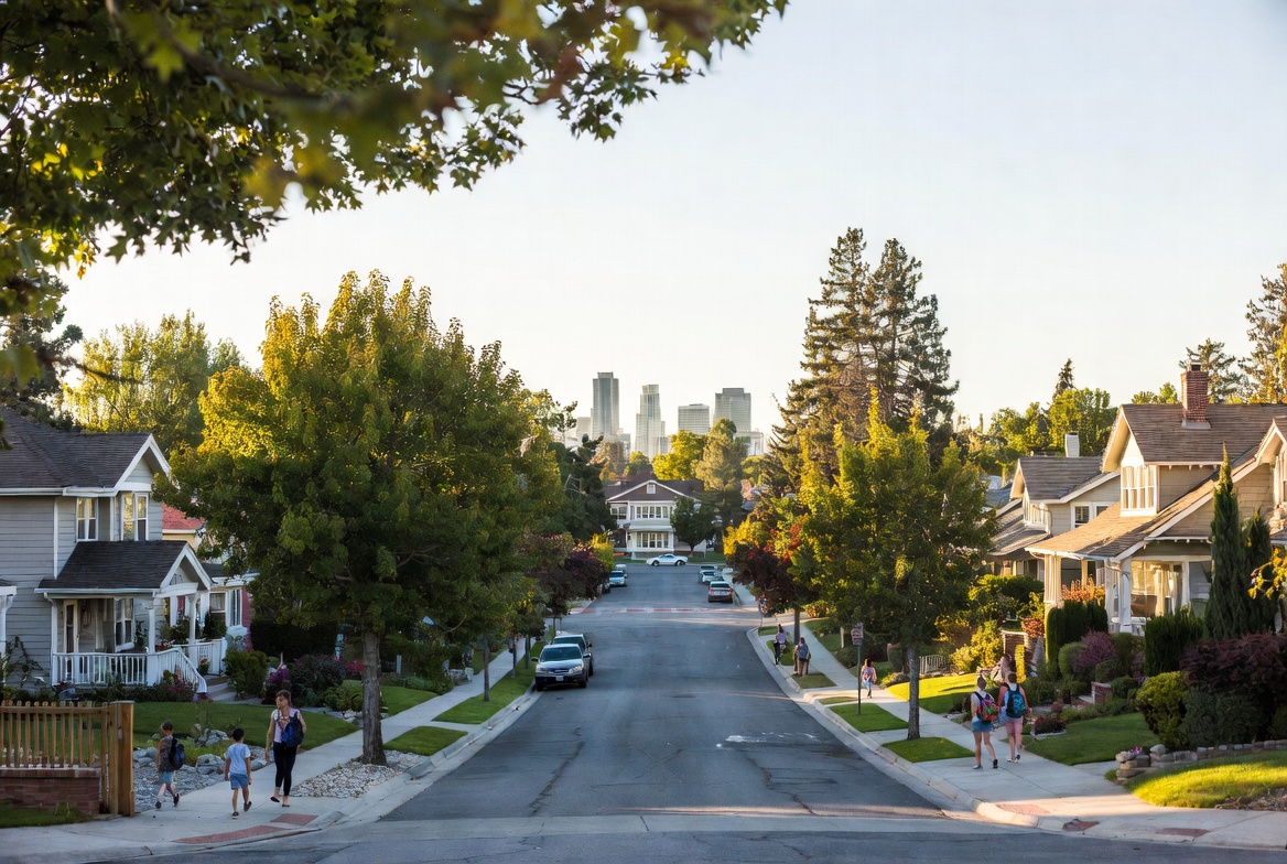 Residents walking a tree lined Salt Lake City street at golden hour